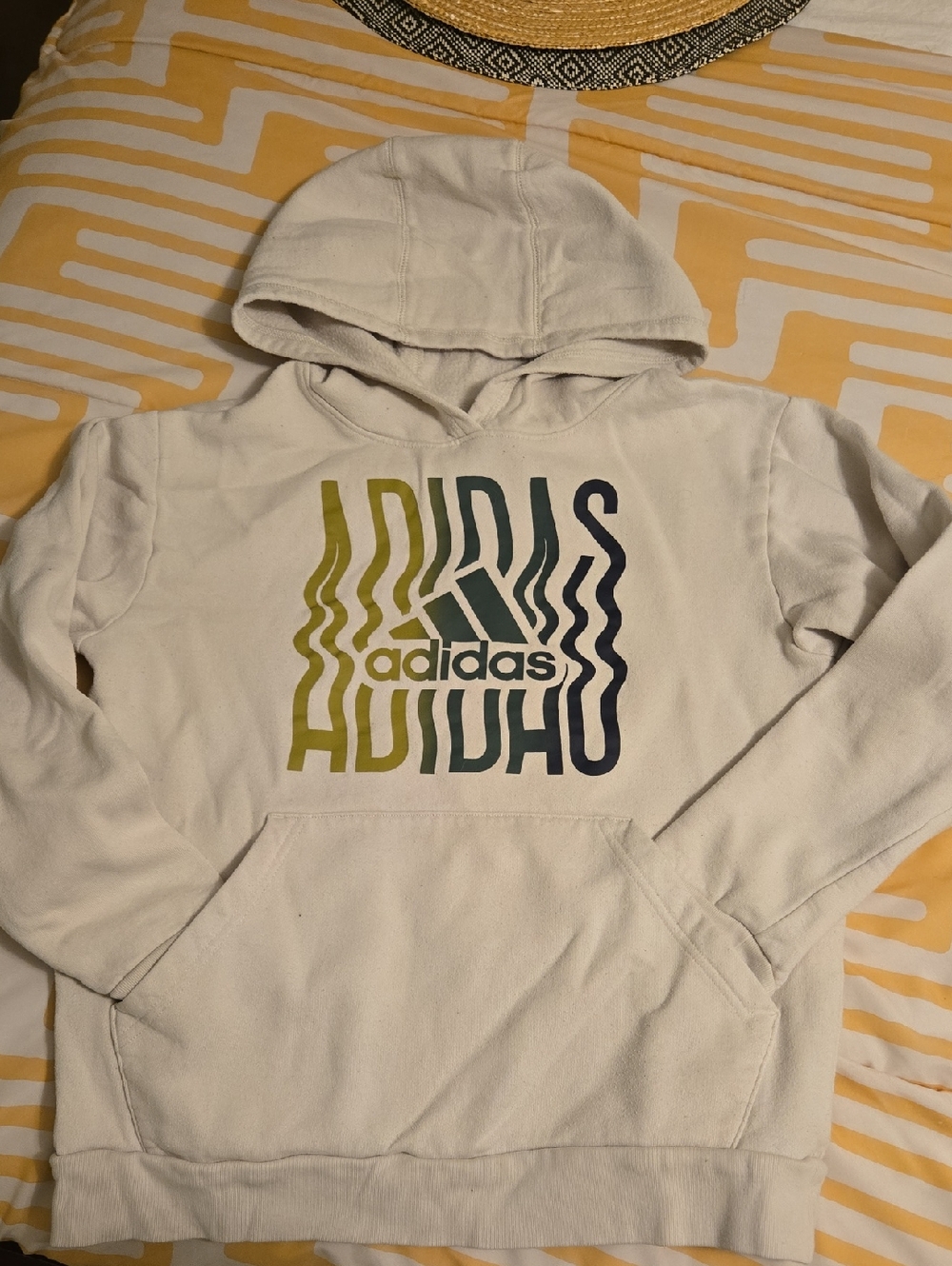 adidas White Hoodie with Green-to-Navy Wavy Logo